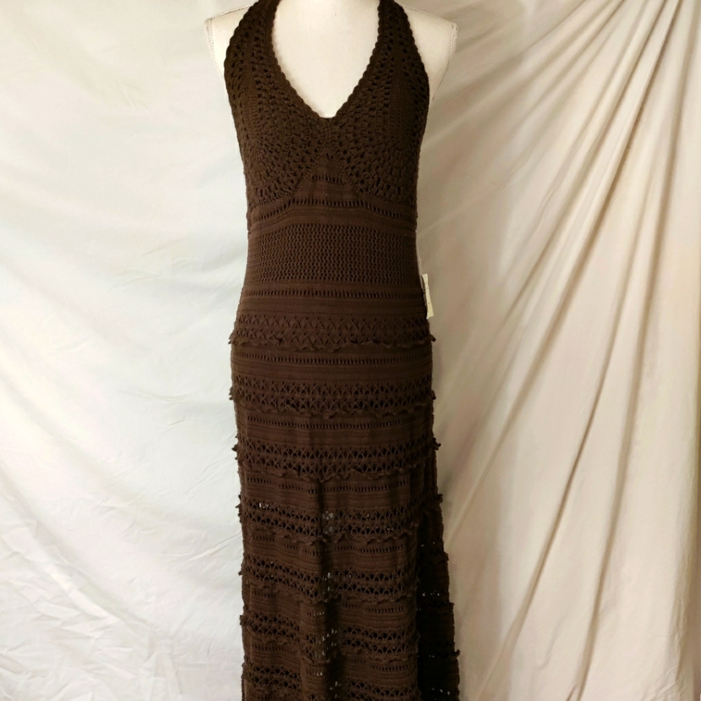 Brown crochet halter maxi dress new with tags